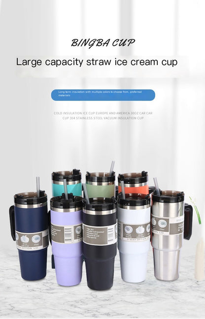 30oz Insulated Travel Mug with Handle and Straw